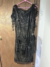 Antique 1920s Black Sequin Beaded Dress Deco Illusion Vintage