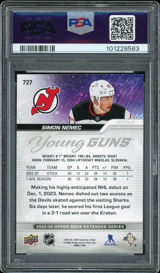 2023-24 Upper Deck Extended Series Young Guns #727 Simon Nemec RC PSA 9 Devils - Image 2 of 2