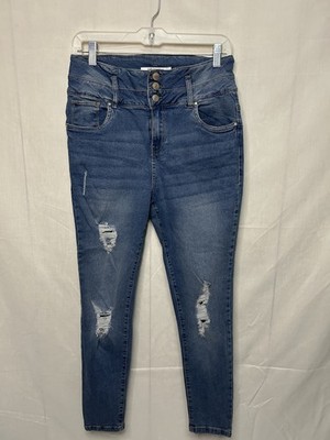Refuge Ibiza Distressed Skinny Jeans Womens 9 Blue Stretch Denim Button Fly