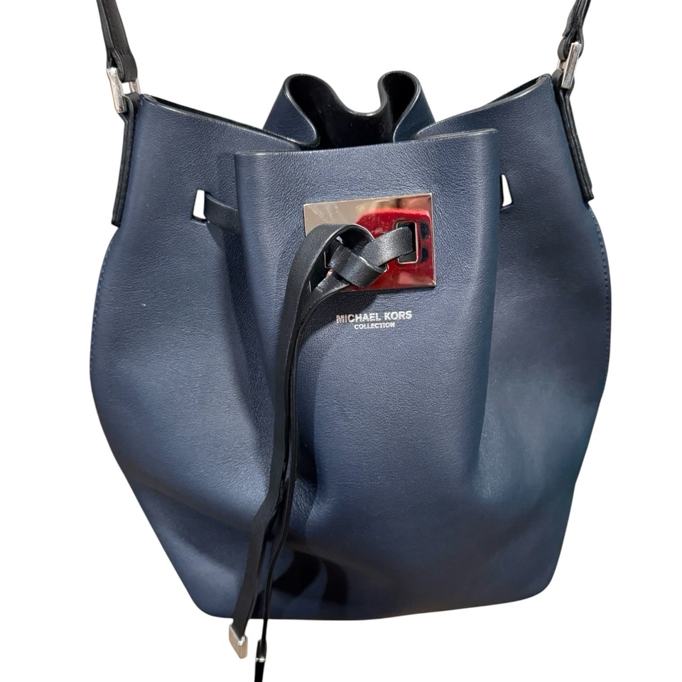 Michael Kors Miranda Navy Blue Medium Drawstring Bucket Bag Crossbody Purse - Image 3 of 4