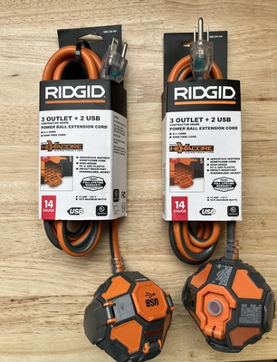 #ad #ad Ridgid Power Ball 8#x27; Extension Cord 3 Outlet 2 USB 14 Gauge 15 Amp 120 Lot of 2 $44.95