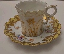 Vintage Demitasse Expresso Cup and Saucer Set With Raised Gold Gilding Scalloped