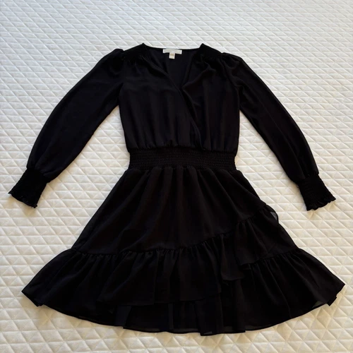 Abito Michael Kors Georgette Surplice taglia small nero scollo a V arricciato manica lunga