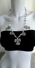 Vtg Marcie USA Crafted Beaded Pewter  Charm Necklace AB Glass Rose Quartz Beads