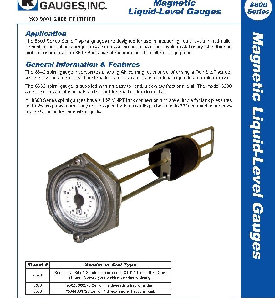 Rochester 8680 Series Flat Dial Vertical Spiral Fuel Level