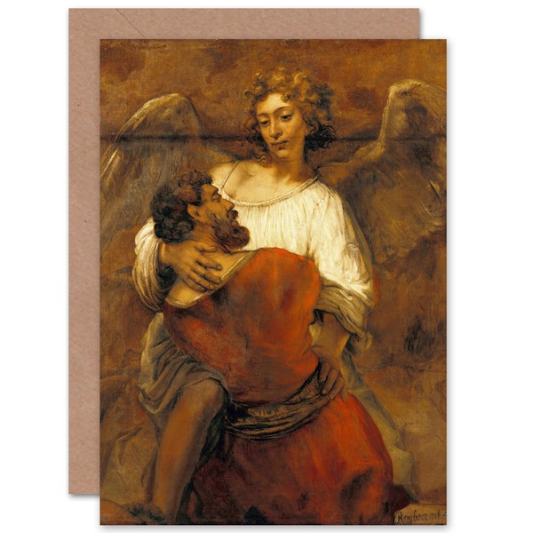 Rembrandt Jacob Wrestling With The Angel Fine Art Blank Greeting Card-image