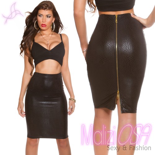 Gonna Donna Nera Sexy Pitonata Aderente Effetto WetLook ZIP MiniGonna  tubino | eBay