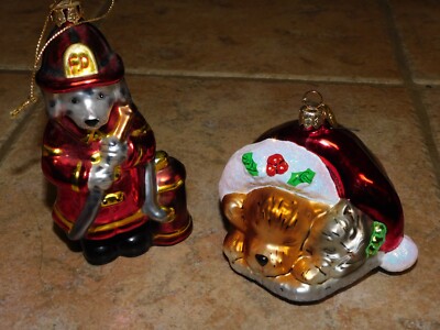 ROBERT STANLEY FIREDOG AND CHRISTOPHER RADKO  SANTA DOG TWO GLASS ORNAMENTS