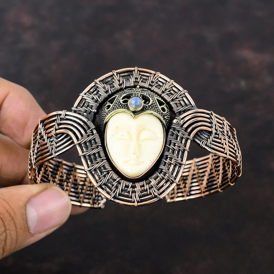 Bracelete ajustável com fio para presente cobre branco pedra esculpida - Imagem 2 de 4