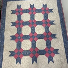 Hand Quilted Wall Art Lap Quilt Pink Blue Cream Floral 37in Wide x 46in Length