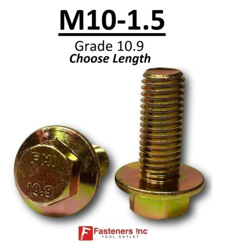 M10-1.5 x (Choose Length) Grade 10.9 Metric Flange Bolts Yellow Zinc Hardened  - Afbeelding 1 van 143