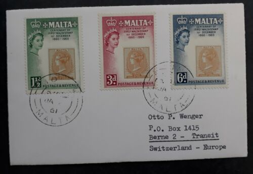 1961 Malta Cover ties 3 Stamps cd Mdina to Berne, Switzerland - 第 1/2 張圖片