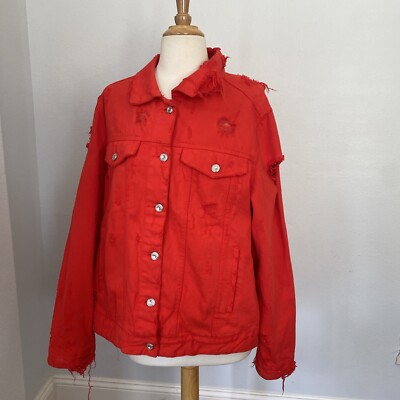 ZARA Trafaluc Denim Jacket Womens S Red Oversize Distressed Trashed Y2K Grunge