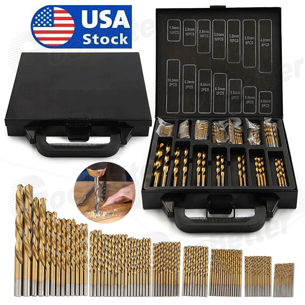 99PCS Drill Bit Set 1/16"-3/8" HSS Titanium Multi Drill Bits Twist Wood Tools