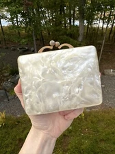 Vintage Mother of Pearl?/Celluloid? Compact w/ Lipstick & Mirror Clasp Case