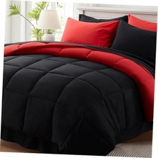 Queen Comforter Set 7 Piece, Reversible Bed Queen 88" 88" 01 - Black red-grid