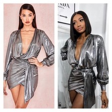 House of CB London Alvona Metallic Silver Deep V Draped Mini Dress Size Small