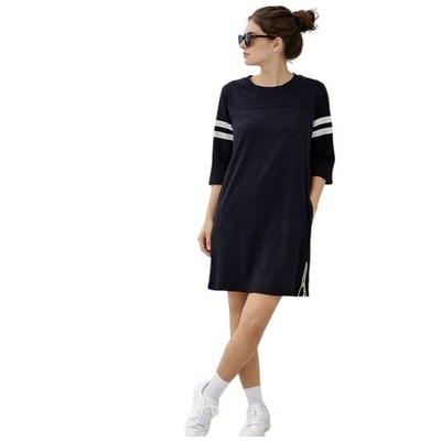 J Crew Sz S Black White Varsity LS Bottom Side Zippers Blk Label Shift Dress