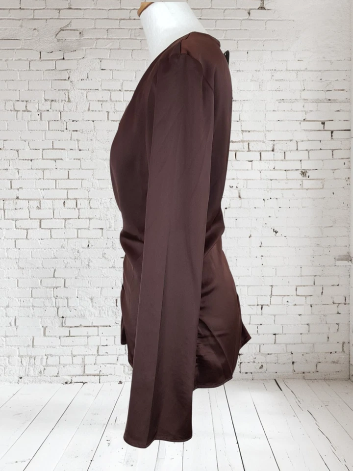 New H&M Brown Satin Gathered Top Size M 10-12 V Neck - Image 4 of 4