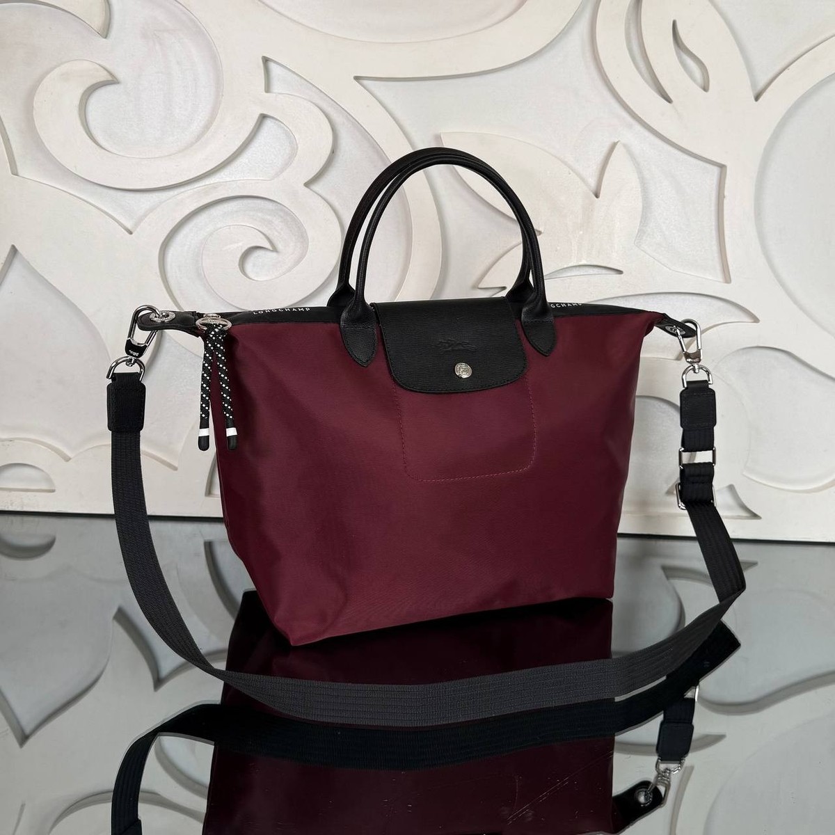 New France Designer Longchamp Burgundy and black frame Le Pliage One L Handbag Burgundy - Canvas | Longchamp US main image 4