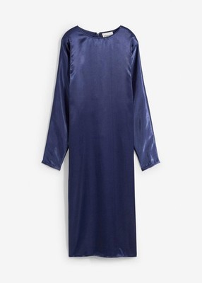 Neu Midi-Kleid mit Fledermausärmeln aus fließendem Satin Gr. 44 Tiefblau Dress