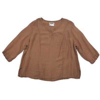FLAX Blouse Top Women's 1G Rust Linen 3/4 Sleeve Henley Tunic Woven Lagenlook