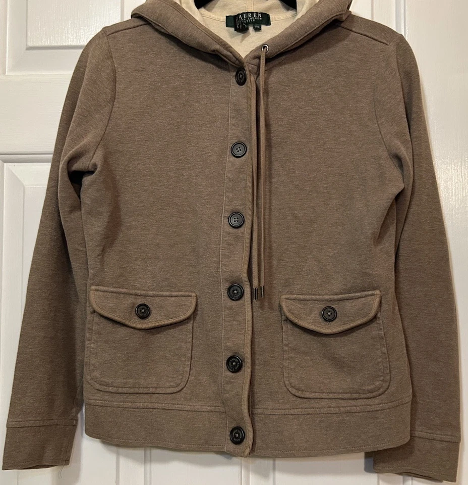 Ralph Lauren Womens Petite Small Light Brown Hooded Button Up Jacket Hoodie PS - Image 4 of 4