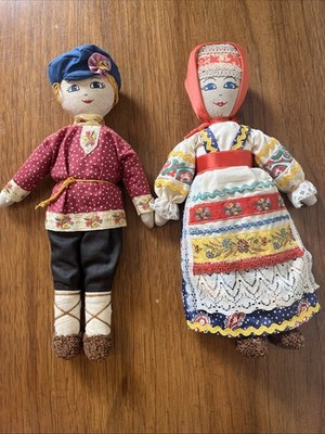 Russian Cloth Dolls Lot of 2 Vintage Handmade 13  Traditional Dress Painted Face