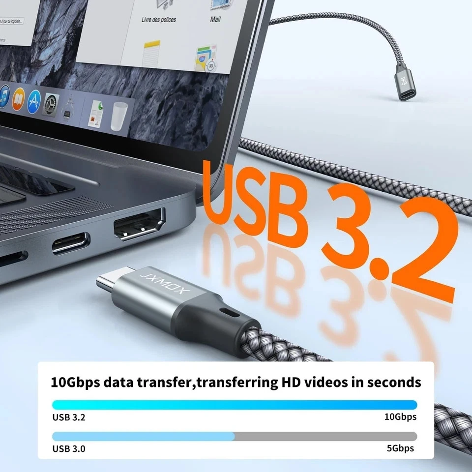 USB-C Type C Extension Cable (3.3Ft/1m/10Gbps) Male-Female 100W 5A Fast Charging - Image 3 of 4