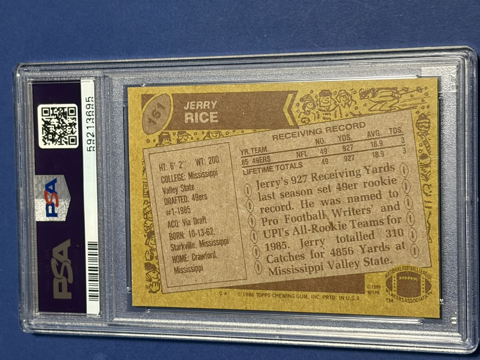 1986 Topps Jerry Rice #161 Rookie Card San Francisco 49ers PSA 6 EX-MT RC HOF view 7