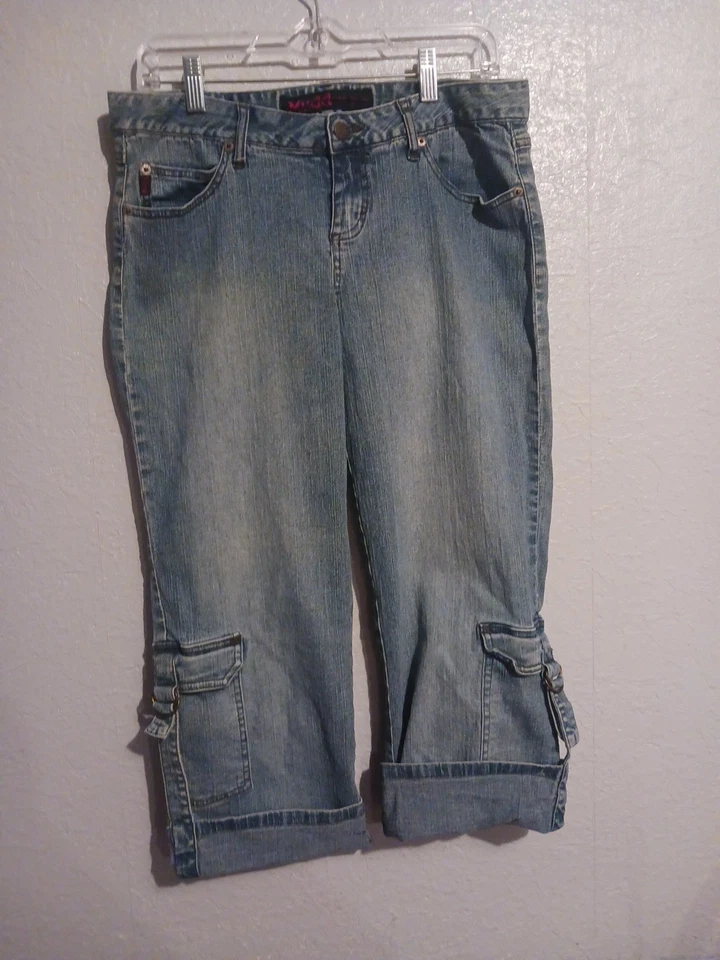 Mudd Y2KDenim Capris Mujer Junior Talla 13 Puños Cinturón Solapa Bolsillos Foto 4 de 4