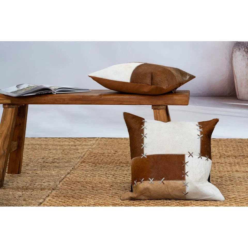 Patchwork Cowhide Leather Cushion Cover - Rustic Luxe Decor - Image 3 of 4