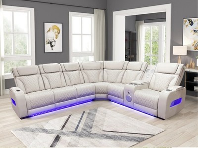OVERSIZED LED Power Recliner & Adj Headrest Sectional Beige w/ Bluetooth Speaker