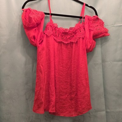 BCX Woman Off-the-Shoulder Blouse Red/Orange, XL Lace Crochet Trim  Cropped EUC