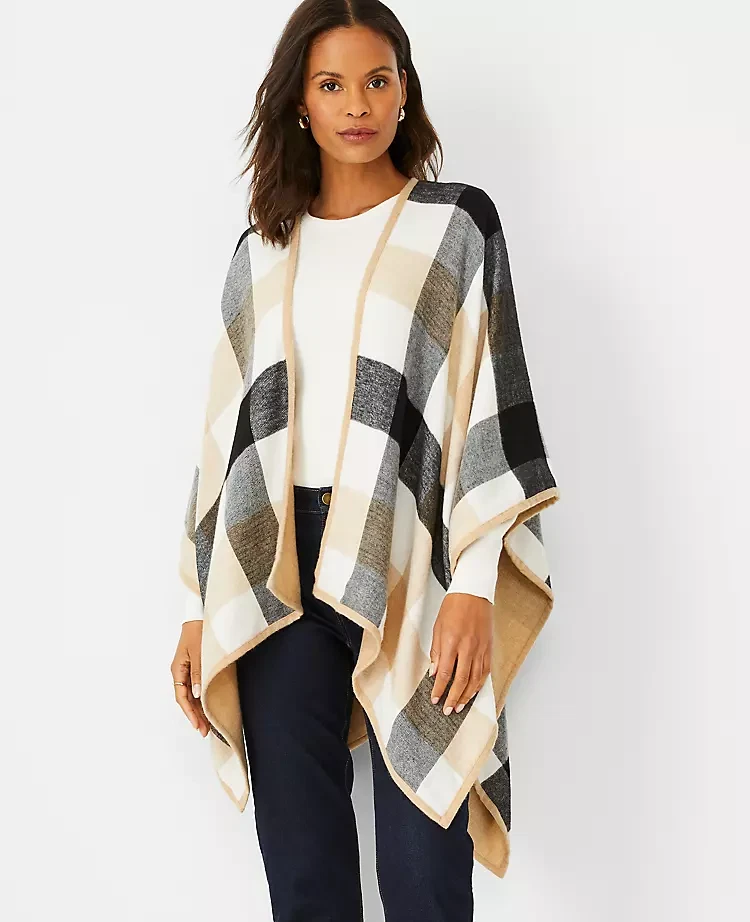 Ann Taylor Soft Brown/black/white Plaid open front Poncho sweater, one size