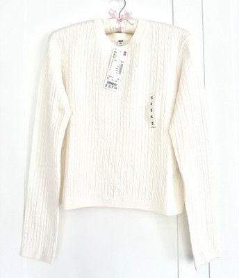 Uniqlo Mini Pullover mit Zopfmuster und Rundhalsausschnitt, S, off white