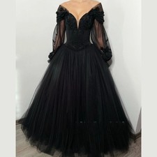 Custom Gothic Black Wedding Dress Lace Appliques Long Sleeves A-Line Bridal Gown