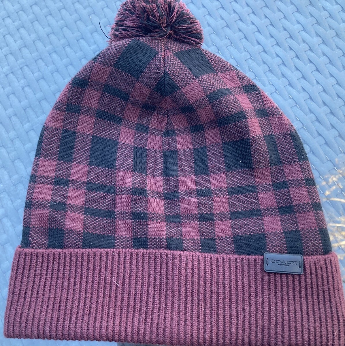 Coach NWT Plaid Pom Beanie Hat Oxblood/ Black O/S | eBay