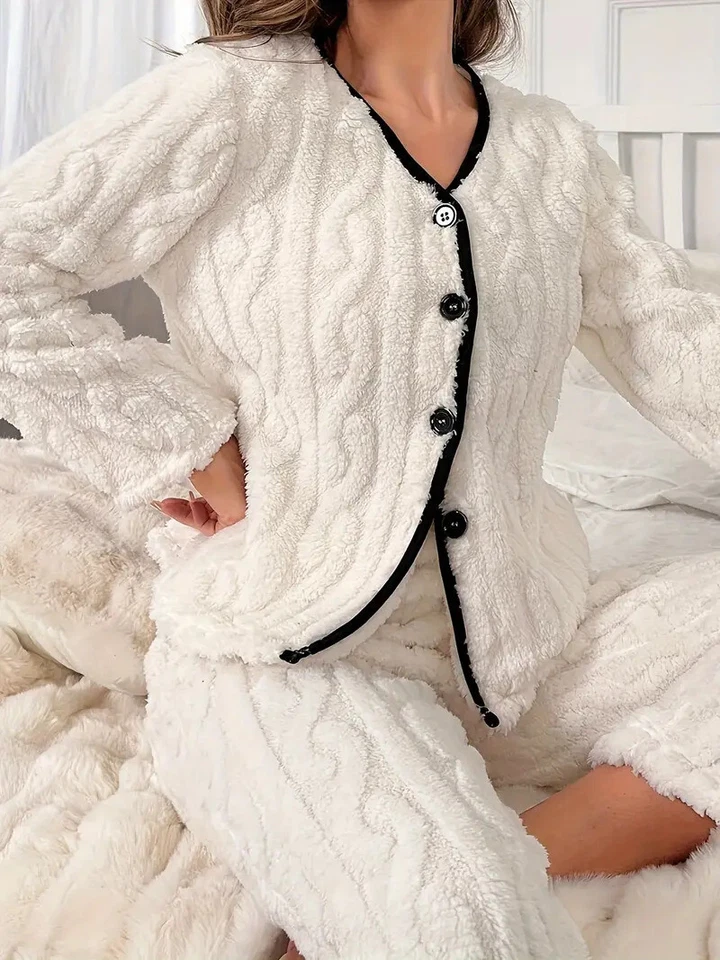 Damen Schlafanzug Pyjama Winter Fleece Kuschelig Flauschig Warm Weich Frauen Set - Bild 4 von 4