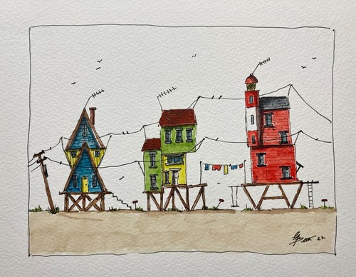 Line and Wash Watercolour painting " Beach Huts 2 " approx 9 x 7 inches