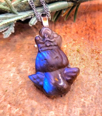 Nature Labradorite Carved Flashy Flying Angel With Crown Pendant Necklace