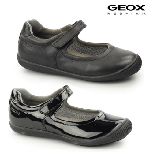 GEOX JR GIOIA 2FIT Girls Dual Fitting Ballerina Touch Fasten School Shoes Black - Afbeelding 1 van 10