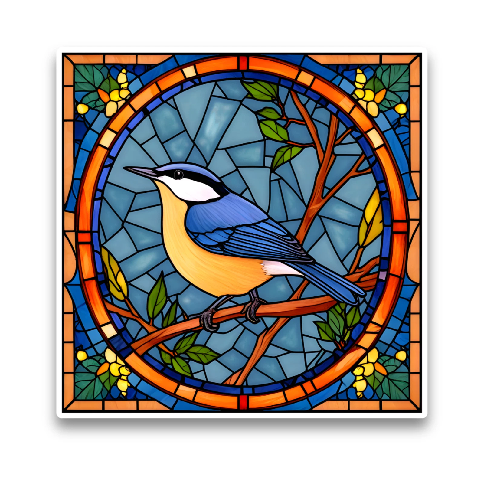 Cute Nuthatch Wild Bird Faux Stained Glass Square Opaque Vinyl Sticker Decal