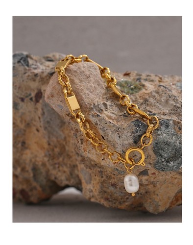 Beaded Natural White Pearls 18k Gold Plated Cuban Chain Charm Bracelet for Women - Picture 4 of 12