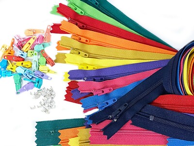 Zipper/Pulls Kit - 10 YKK #3 Coil Zippers and 25 Pulls / Stoppers Assorted Color