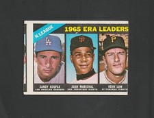 1966 Topps ERA Leaders #221 ~~ Sandy Koufax & Juan Marichal ~ Cool Miscut  LOOK!