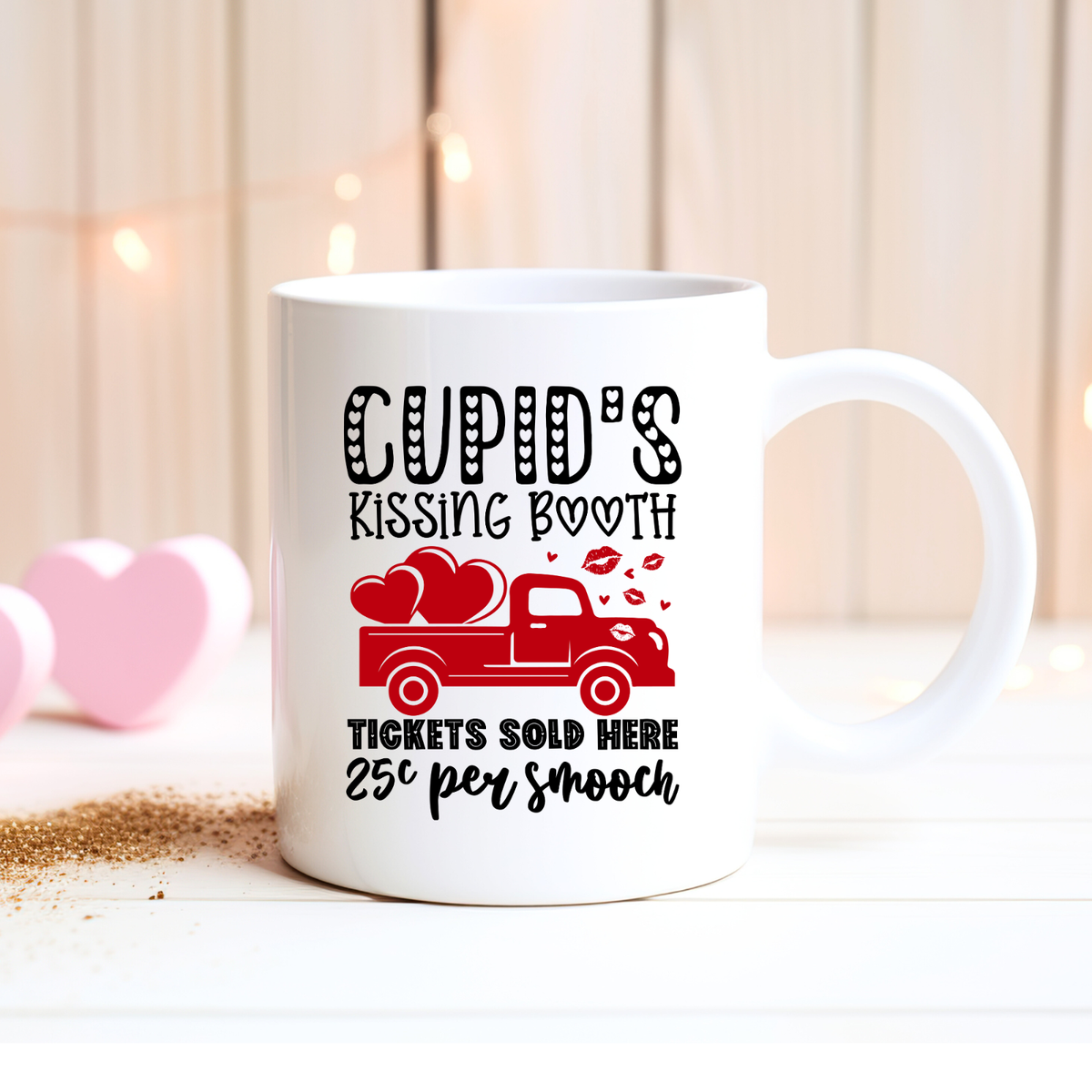 Cupids Kissing Booth Coffee Mug Red Truck Hearts Valentine Funny Gift Cup