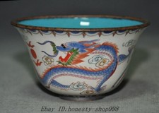 3.6" Marked China dynasty bronze Enamel dragon phoenix statue Tea cup Bowl Bowls