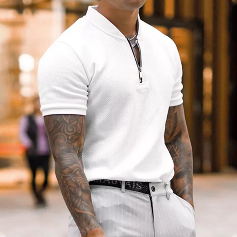Summer Men's Business Casual Slim Fit Lapel Zipper Short Sleeve Polo Shirt Top
