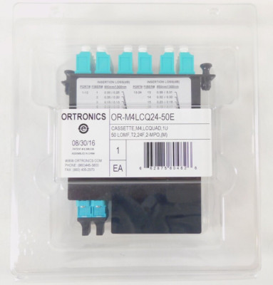 Ortronics M4LCQ24-50E Cassette M4 LC Quad 1U 50 LOMF, T2, 24F, 2MPO(M)